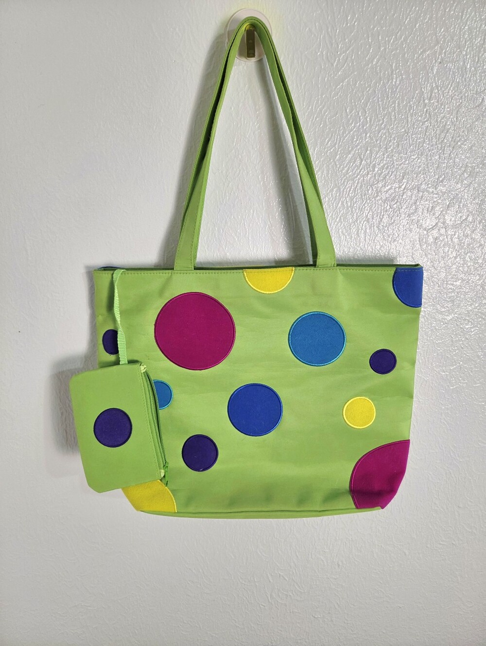 Green Tote Bag with Colorful Polka Dots, Matching Pouch